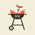 BBQ grill logo or icon. Barbecue emblem with fire and fork with sausage. Vector illustration. Royalty Free Stock Photo